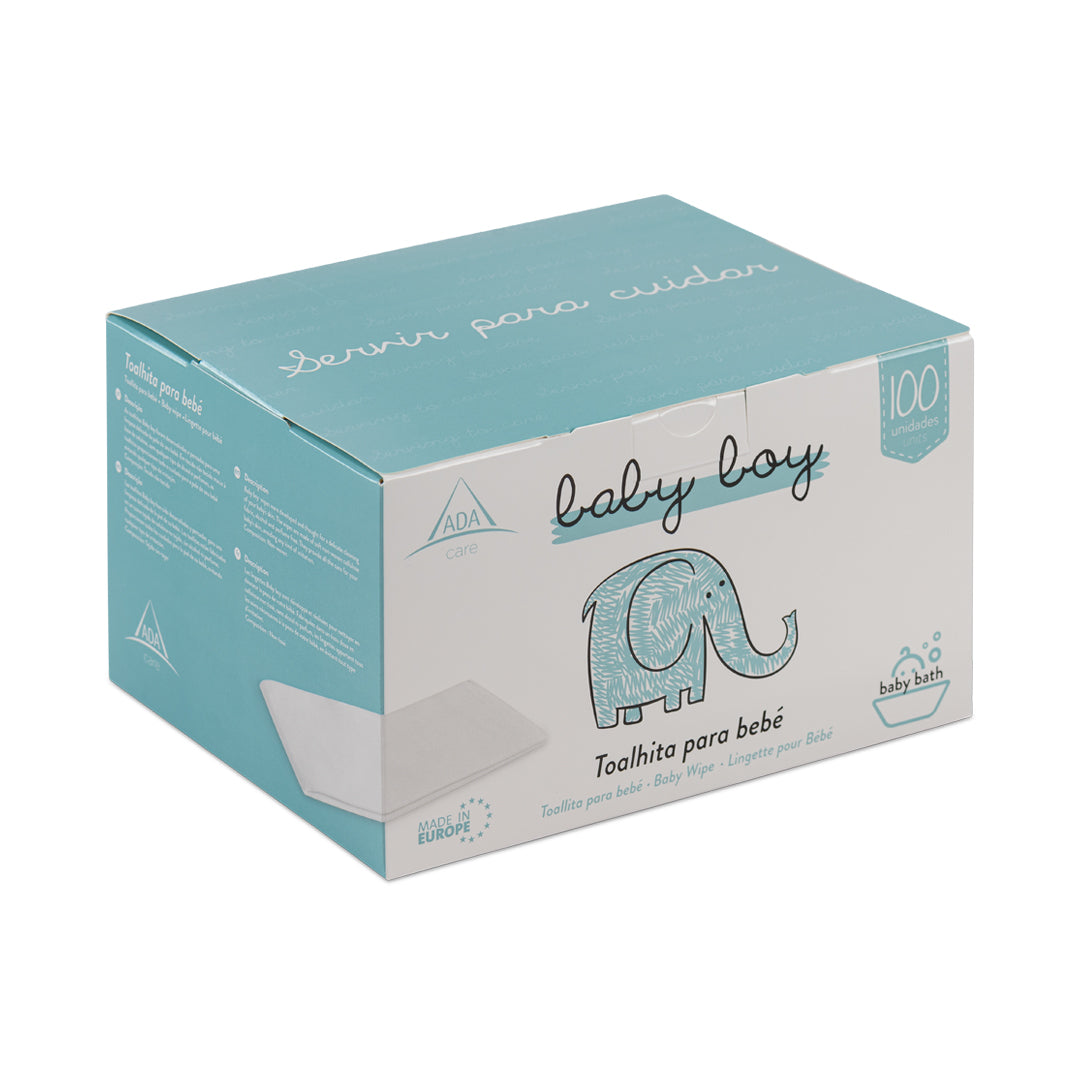 Caixa azul ADA Care baby boy de toalhitas secas para bebé, vista de lado.